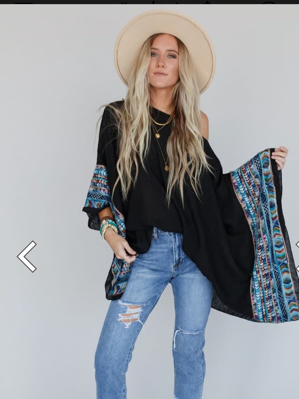 Fallon Embroidered Sleeve Poncho Women's Black & Blue Geometric